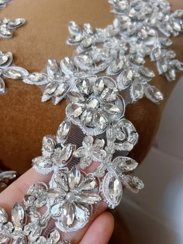 Miniatura 2 de 1 par de decoraciones de vestido de novia de 5.1 x 13.4 in, parches de encaje para coser con cuentas de diamantes de imitación sueltas, piedras