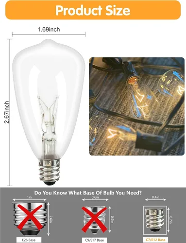 Miniatura 2 de Paquete de 10 bombillas ST35 de repuesto Edison transparentes, 5 W, base de tornillo C7/E12 de 5 vatios para luces de cadena de patio