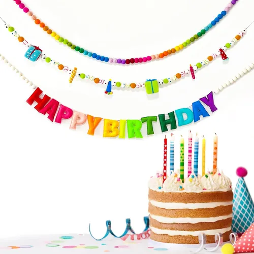 Miniatura 22 de Cartel de feliz cumpleaños pre-encordado – Guirnalda de bola de fieltro, decoraciones de fiesta temática blanca, guirnalda de feliz cumpleaños