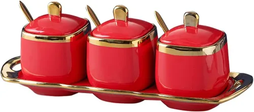 Tazón de azúcar rojo con tapa y cuchara, tarros de cerámica para condimentos y especias con bandeja, tazones para azúcar y sal, juego de 3