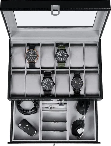 BEWISHOME Caja organizadora de 12 relojes con cajón de exhibición de joyas, bandeja ajustable, caja de almacenamiento de reloj para hombres con tapa