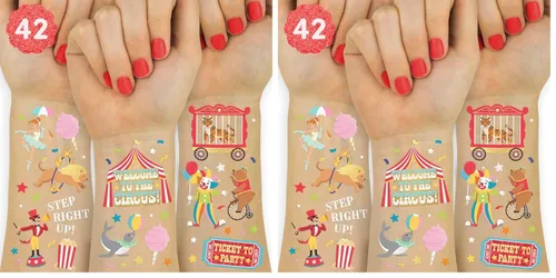 Miniatura 7 de xo, Fetti Tatuajes temporales para fiesta de circo – 42 estilos de lámina dorada y plateada Suministros para fiesta de cumpleaños de circo