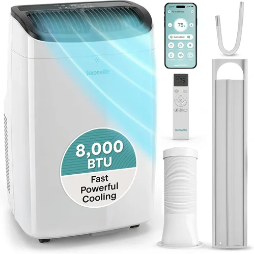 SereneLife Aire acondicionado portátil de 8,000 BTU con deshumidificador y ventilador, unidad de CA portátil con WiFi para control de clima de área