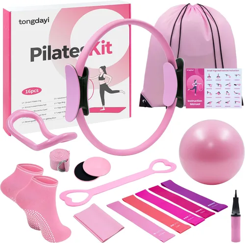 16 piezas de equipo de pilates para mujer, kit de pilates con anillos de pilates de 14 pulgadas, pelota de yoga, discos deslizantes, bandas de