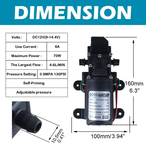 Miniatura 2 de Pulverizador de bomba 70W DC 12v 0.9MPA 130psi Bomba de presión de agua Bomba de refuerzo para el hogar Bomba de diafragma Conectar a 10.3mm/0.4inch