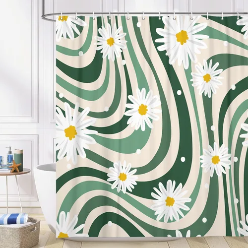 Miniatura 2 de JAWO Bonita cortina de ducha abstracta verde salvia con margaritas para caravana de viaje, remolque, baño, juego de cortinas de ducha de tela