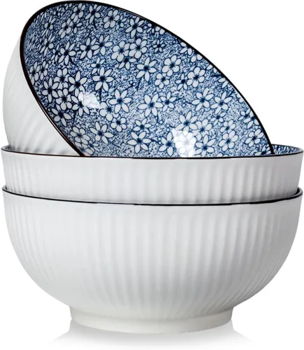 Houlu Tazones Pho de 60 onzas, tazón grande de sopa, juego de cuencos de ramen japonés, cuencos de porcelana grandes de 8 pulgadas, juego de 3,