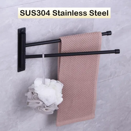 Miniatura 4 de Toallero de mano de baño negro mate 2 barras plegable brazo giratorio soporte de toalla Swing Out Towel Bar SUS 304 Acero inoxidable montaje en pared