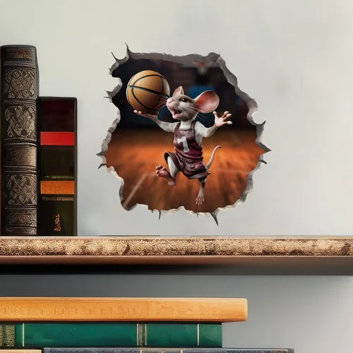 Miniatura 2 de My Wonderful Walls Adhesivo de pared 3D de ratón de baloncesto con agujero de ratón, calcomanía de vinilo naranja y blanco para paredes, ventanas