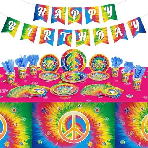 172 piezas de suministros para fiesta de cumpleaños de teñido anudado sirven para 24 personas y 60 años 60, decoración de fiesta temática hippie de