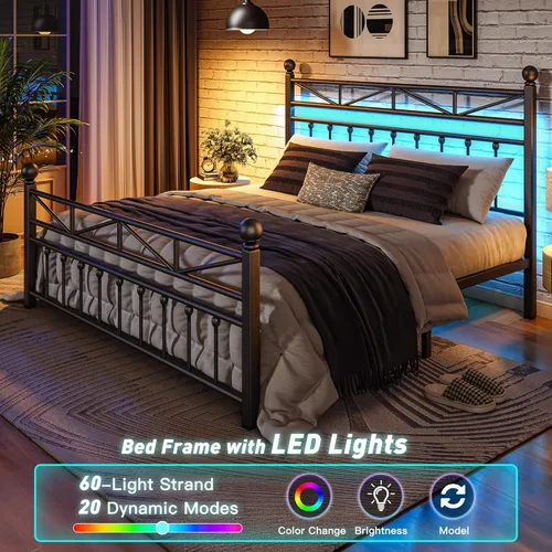Miniatura 4 de EnHomee Base de cama de plataforma de metal tamaño Queen, cabecero alto de 54" y luces LED, cabecero y piecero vintage victoriano, almacenamiento