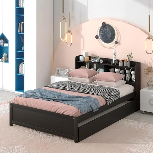 Miniatura 3 de Polibi Cama de plataforma de tamaño matrimonial con nido individual y estantería, cama de plataforma de almacenamiento de madera con cabecera