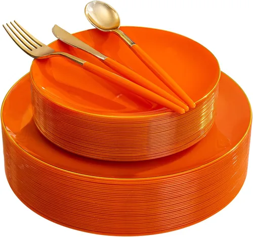 Miniatura 15 de DaYammi Juego de 150 platos de plástico dorado con cubiertos desechables, juego de vajilla desechable de oro blanco, 30 platos llanos, 30 platos
