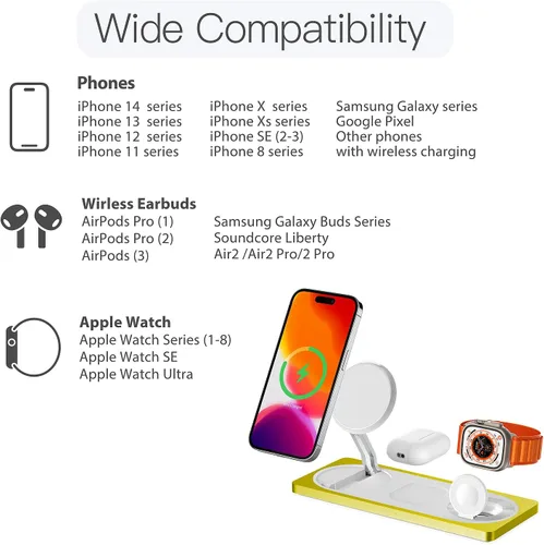 Miniatura 6 de Estación de carga 3 en 1 para dispositivos Apple: Usada para estación de carga de iPhone y reloj con soporte de cargador Magsafe, cargador Amarillo