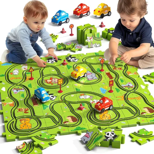 JUKUDAHU Juego de 64 Piezas de Pista de Carreras de Rompecabezas para Niños de 3 4 5 6 Años - Juguetes de Pistas de Rompecabezas para Niños de 3-5