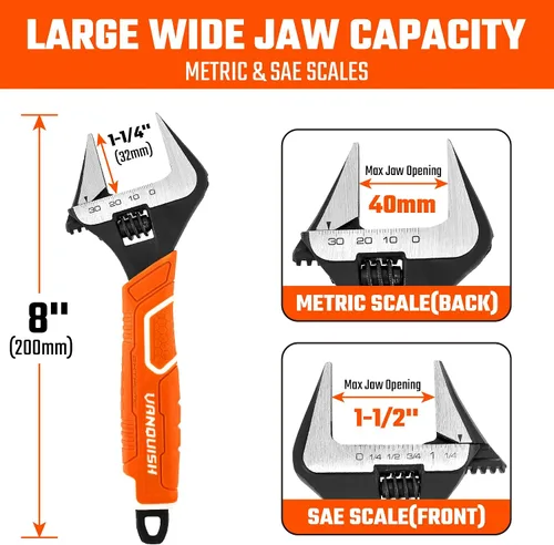 Miniatura 2 de Vanquish Llave ajustable de 8 pulgadas, llave de fontanería de apertura de mandíbula ancha de 1-1/2”, acero CR-V, con escala SAE y métrica marcada