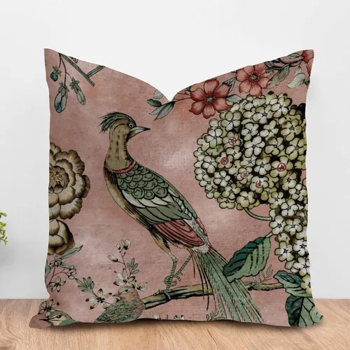 ArogGeld Chinoiserie - Fundas de almohada de color rosa rubor con diseño oriental de hortensias, diseño floral vintage de pájaros, funda de cojín de