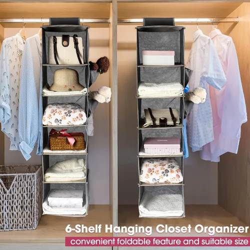 Miniatura 3 de Paquete de 3 organizadores y almacenamiento colgantes de armario, 6 estantes colgantes para ropa, organizador de ropa plegable, estantes de tela