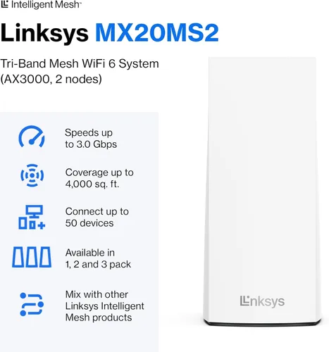 Miniatura 2 de Linksys Atlas WiFi 6 Router Sistema de malla WiFi para el hogar, doble banda, cobertura de 4,000 pies cuadrados, más de 50 dispositivos, velocidades