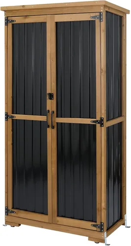 Miniatura 10 de Pequeño armario de almacenamiento para exteriores con estante, cobertizo de almacenamiento de madera blanca y plástico con techo impermeable