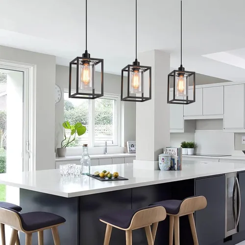 Miniatura 4 de Luces colgantes negras para isla de cocina, lámpara colgante de farol industrial con pantalla de vidrio transparente, iluminación colgante de altura
