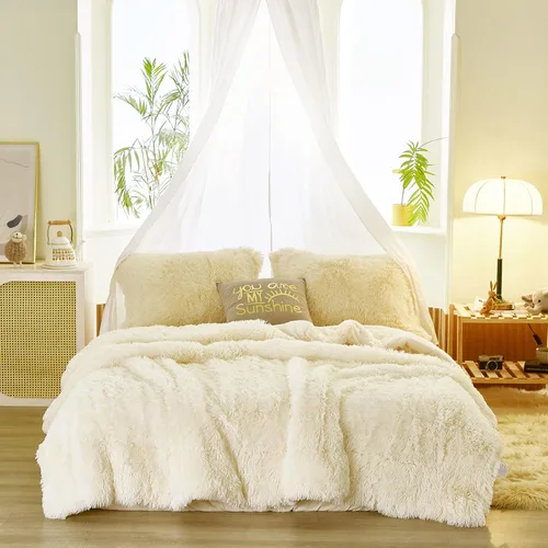 Miniatura 6 de Juego de edredón de lujo de pelo sintético lanudo tamaño matrimonial/queen, edredón reversible de felpa y sherpa, color beige, juego de ropa de cama