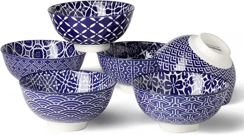 Metahom Tazones Azules y Blancos, Tazones de Cerámica para Postre de 10 Oz, Juego de Tazones de Porcelana para Helado, Tazones Decorativos para
