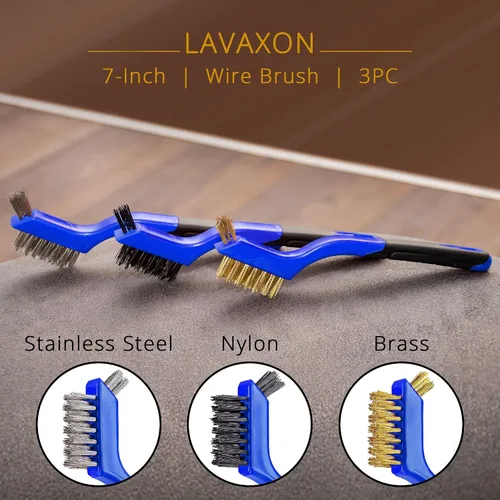 Miniatura 4 de Lavaxon Juego de 3 cepillos de alambre, cerdas de nailon/latón/acero inoxidable con mango curvado para óxido, suciedad y limpieza profunda, 7 Azul
