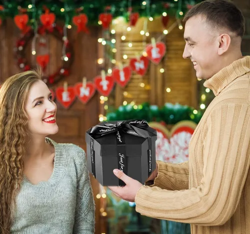 Miniatura 6 de Wanateber Caja de explosión, caja de regalo de explosión con 6 caras, parte principal, caja de fotos hecha a mano, para regalo de cumpleaños, Negro