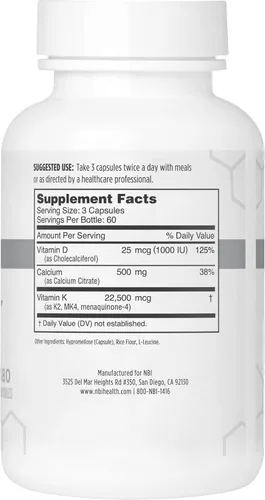 Miniatura 2 de NBI Osteo-K Bone Support Complejo de vitamina D y K con suplemento de citrato de calcio 45 mg de vitamina K2 (MK4) para una salud y función ósea