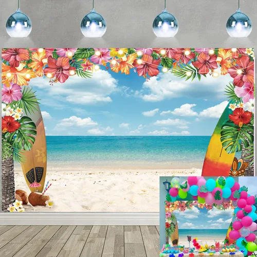 Miniatura 9 de Telón de fondo de playa de Hawaii de verano de 7 x 5 pies, Aloha con palmera tropical, cielo azul, océano, tabla de surf, fondo de fotografía