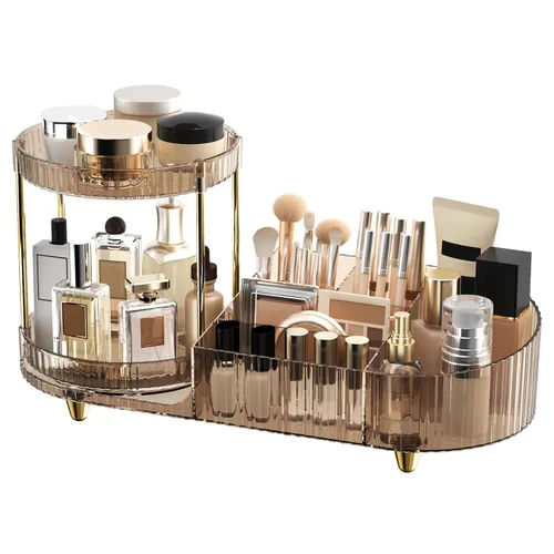 Miniatura 13 de Organizador de maquillaje giratorio para tocador, 2 bandejas de perfume con 5 compartimentos, almacenamiento de cosméticos y cuidado de la piel