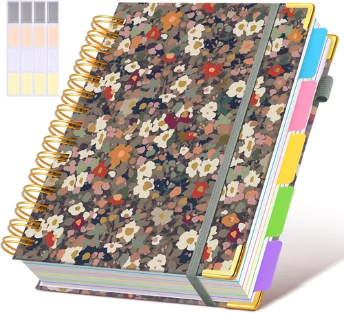 Miniatura 48 de Cuaderno universitario de espiral con tapa dura de cuero de 8 x 10 pulgadas, con pestañas separadoras extraíbles, para 5 materias, a rayas; diario