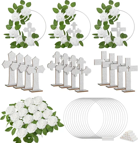 Miniatura 9 de Wesiti 48 piezas Centro de mesa para bautizo, decoración de mesa para primera comunión, 12 cruces de madera, 12 aros florales con soporte, 24 rosas