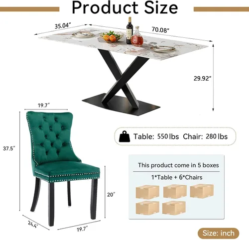 Miniatura 9 de Juego de mesa de comedor de mármol blanco de lujo para 6, 70 pulgadas, mesa de comedor de mármol blanco con 6 sillas de terciopelo verde y base