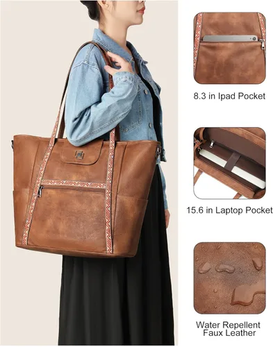 Miniatura 5 de FADEON Bolso Grande para Laptop de Cuero para Mujer, Bolso de Mano de Diseño, Mochila de Viaje a la Moda, Bolso de Hombro 1 estilo retro marrón