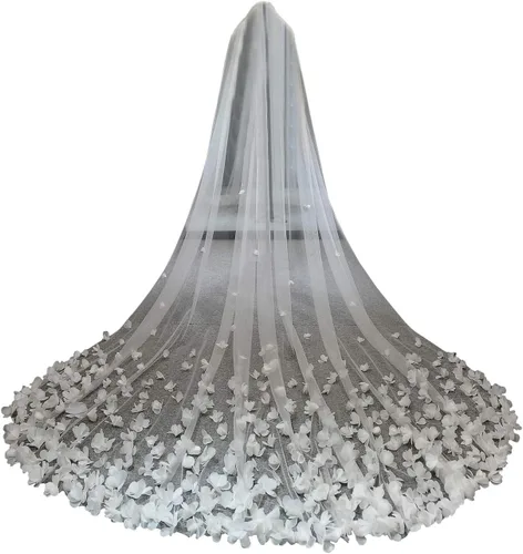 Velo de novia largo velo de novia flores 3D encaje floral blanco velo lujoso para novia con peine catedral boda (color marfil, longitud del artículo