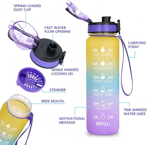 Miniatura 5 de Botella de agua de 33.8 fl oz, a prueba de fugas, libre de BPA y tóxicos, botella deportiva motivacional con tiempos para beber y pajita, fitness