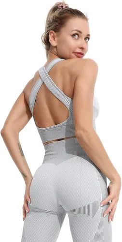 Miniatura 2 de Conjunto deportivo de 3 piezas para mujer, sin costuras, de manga corta, brasier deportivo, cintura alta, pantalones cortos de yoga, Gris-01
