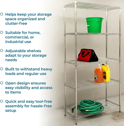 Miniatura 6 de Honey-Can-Do Estantes ajustables de 5 niveles resistentes, estante de almacenamiento de metal con capacidad de 350 lb, cromado, 16 pulgadas de ancho