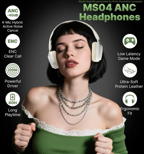 Miniatura 2 de Hmusic MS04 Auriculares Bluetooth con cancelación activa de ruido sobre la oreja 4-Mic Hybrid -40dB ANC Bluetooth Headset, 2-ENC Mic, 80H