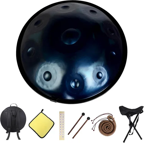 Miniatura 10 de Kurd Handpan 22" D Minor - Tambor de mano de 9 notas para rendimiento profesional, sonido de 440 Hz, incluye paño, soporte Dorado-9 Notas
