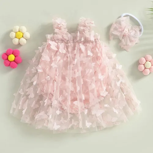 Miniatura 2 de Vestido de princesa para bebé niña 3D de malla de mariposa morada, sin mangas, de tul + diadema
