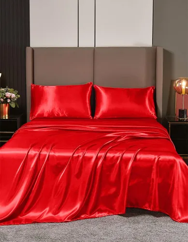 Miniatura 16 de Juego de sábanas de satén de seda de 4 piezas Sábana bajera Sábana encimera Funda de almohada Calidad de hotel sedoso suave y lujoso