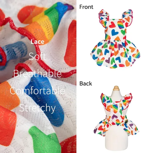 Miniatura 3 de Fitwarm Vestido de Perro con Corazón Colorido, Ropa de Verano para Perros Pequeños Hembra, Lindo Atuendo de Mascota Arcoíris, Rojo, Amarillo, Azul