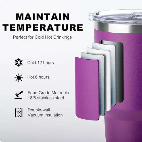 Miniatura 2 de koodee Vaso de 30 onzas con tapa y pajilla, acero inoxidable con aislamiento de doble pared, vaso de viaje para agua y agua con asa (morado)