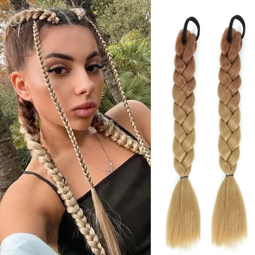 Miniatura 9 de 2 paquetes de 16 pulgadas de extensión de cola de caballo trenzada larga negra para mujeres negras con banda elástica, trenzado recto, extensiones