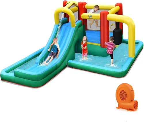 BOUNTECH Tobogán acuático inflable, tobogán acuático para niños, casa de rebote en húmedo y seco, combo para diversión al aire libre con soplador