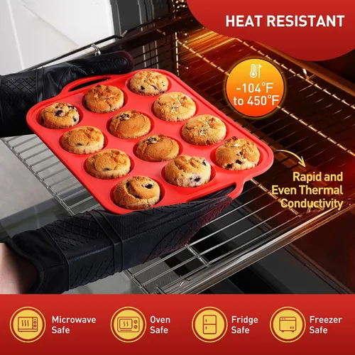 Miniatura 5 de 12 Tazas Molde para Muffins de Silicona con Marco Reforzado de Metal, Molde Regular para Cupcakes, Bandeja para Huevos, Moldos Circulares de Rojo