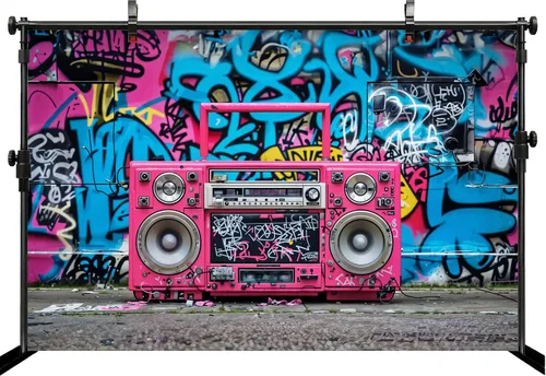 Miniatura 3 de Fondo retro de hip hop de 12 x 10 pies con diseño de grafiti rosa para fiesta temática de los años 80 y 90, celebración de hip hop, decoración